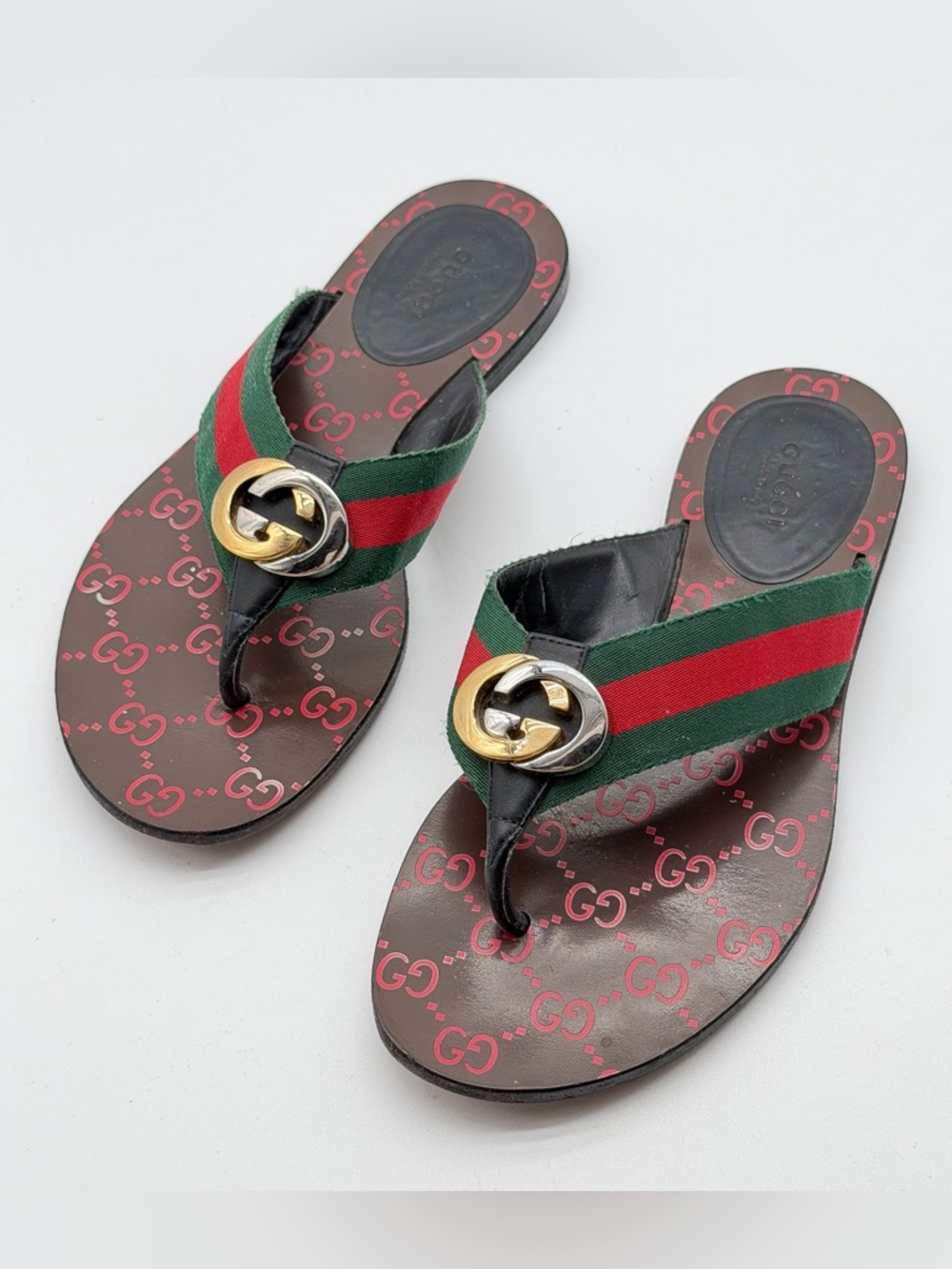 Gucci Kika GG Web Stripe Thong Sandals Black Red Flip Flop Flats EU 38 US 8 - Picture 3 of 10